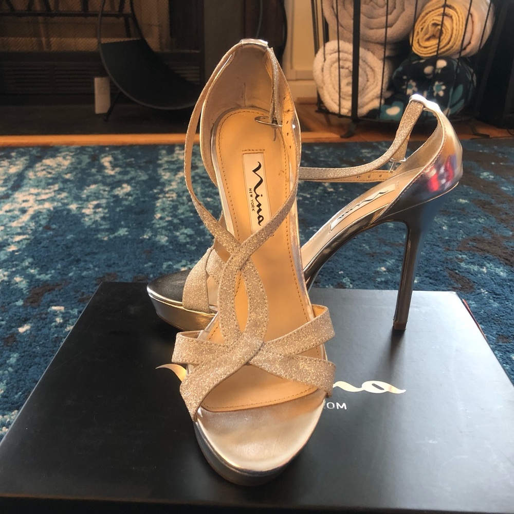 Silver Strappy Glitter Stiletto Platform Heels